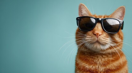 Whimsical orange tabby sporting sunglasses on a bright cyan backdrop, perfect for text overlays