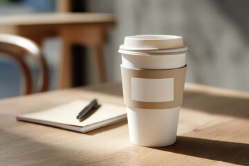 White ceramic coffee cup with blank sleeve on a minimalist wooden desk