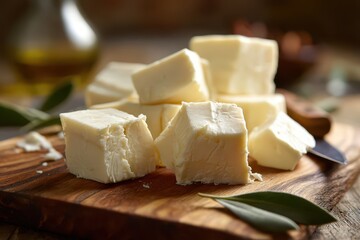 White cheddar cheese wedges on a rustic olive wood board, natural light, close-up still life