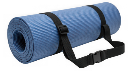 Rolled blue exercise mat with black carrying strap  isolated on transparent background
