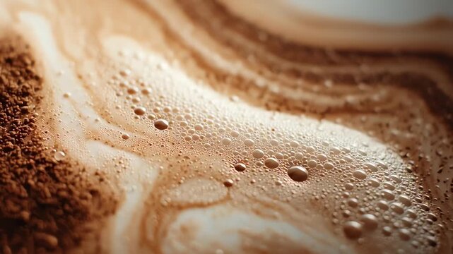 Close-up of a frothy coffee drink with brown powder and bubbles on top against a blurred background.