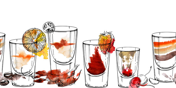 Coffee, orange and red layered shots mix with strawberry, cherry and pepper. Hand drawn ink glasses outline on watercolor wash. Seamless border for cozy cafe menus, recipe cards, or digital headers.
