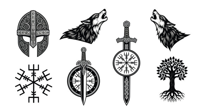 Set of monochrome Viking symbols including a helmet howling wolf sword and shield for historical or fantasy-themed designs.