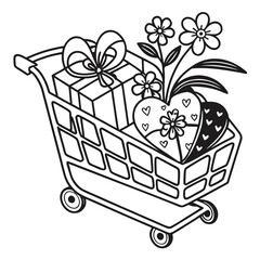 Outline drawing of a shopping cart filled with romantic gifts like a present box heart shaped chocolates and celebratory flowers perfect for valentine designs.