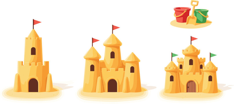 Cute sandcastle collection with beach buckets, shovels, flags, towers, and playful summer seaside sand building illustration elements