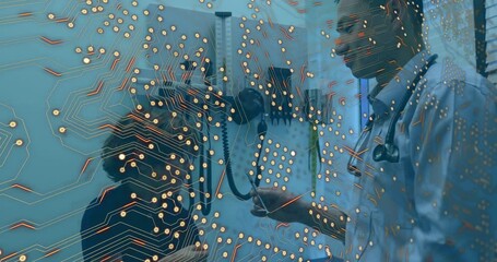 Animation of integrated circuit over diverse male doctor and boy