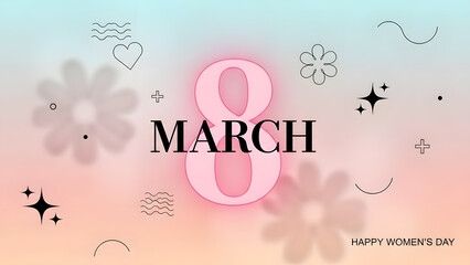Naklejka premium Modern International Women's Day greeting card design | Abstract 8 March celebration banner background | Happy Women's Day neon pink number eight graphic | Aesthetic gradient poster with Y2K line art