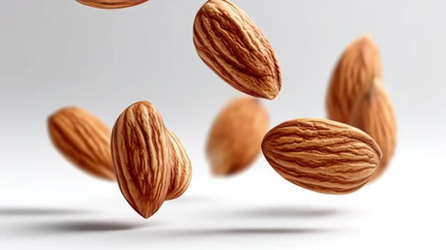 Almonds floating in mid-air with dynamic motion captured in sequential frames showcasing their natural texture and shape, emphasizing the visual appeal of these nutritious nuts in a creative presentat