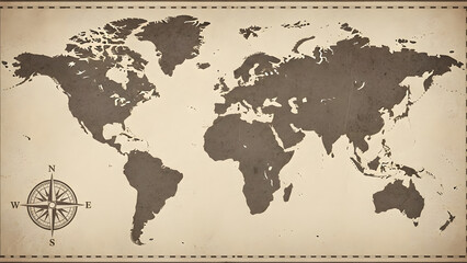 Vintage World Map Silhouette on Aged Grunge Paper Texture | Old Sepia Toned Global Atlas with Antique Compass Rose Illustration | Distressed Retro Travel Background for Exploration or History Concepts