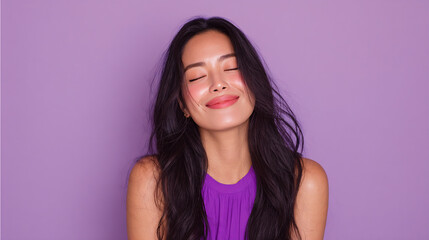 Fototapeta premium Smiling Young Asian Woman in Purple Top Enjoying a Moment of Joy, Light Purple Background