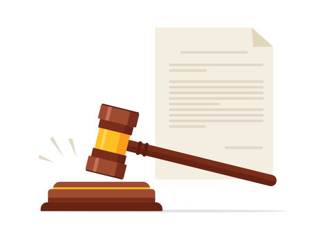 Legal document, linear icon of judge approval, wooden hammer