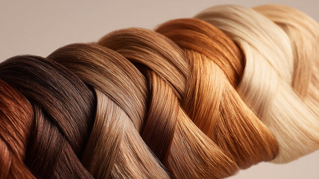 luxury hair color palette braid, realistic hair dye shades display, professional hair swatches wavy texture