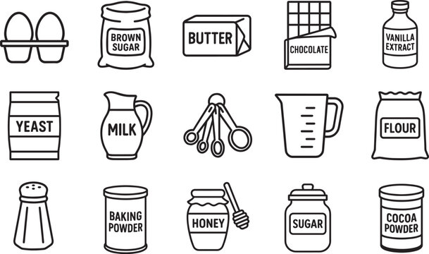 Essential baking ingredients are arranged to create the most popular recipe with a clean line art style. This illustration highlights each key component of a delicious dish. 