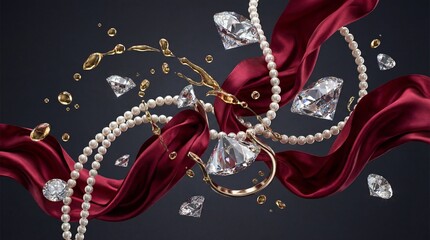 An opulent and dynamic explosion of luxury elements, frozen in a zero-gravity arrangement against a deep charcoal background. Faceted diamonds, lustrous strands of pearls, vibrant crimson silk fabric,