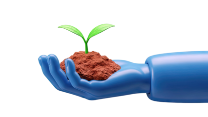 Blue Hand Holding Sprout in Soil