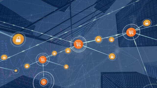 Animation of shopping carts, lock icons connecting against molecule structure, skyscrapers