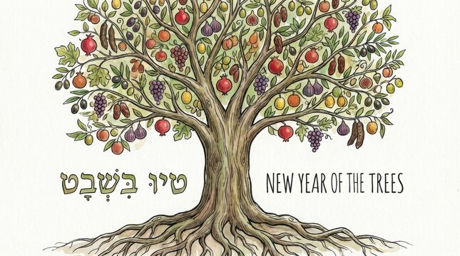 hand-drawn template for tu bishvat features a tree with visible roots and numerous small fruits set against a clean white background