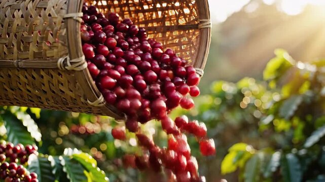 Red Cape Gooseberries Falling from Woven Basket in Sunny Garden at Harvest Time