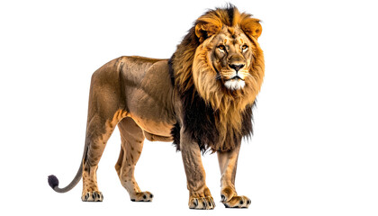 Obraz premium Majestic Lion With Brown Mane Isolated On Transparent Background Standing Proudly Wildlife Animal Portrait For Conservation And Nature Projects