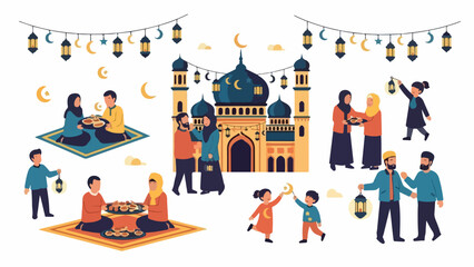Muslim families celebrating Eid alFitr with mosque and lanterns.