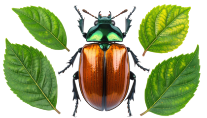 Shiny Scarab Beetle With Green Head And Copper Body Surrounded By Green Leaves Isolated On Transparent Background Insect Specimen For Scientific Study
