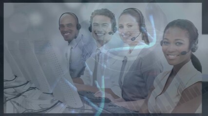 Animation of data processing and dna strand over diverse business people - Powered by Adobe