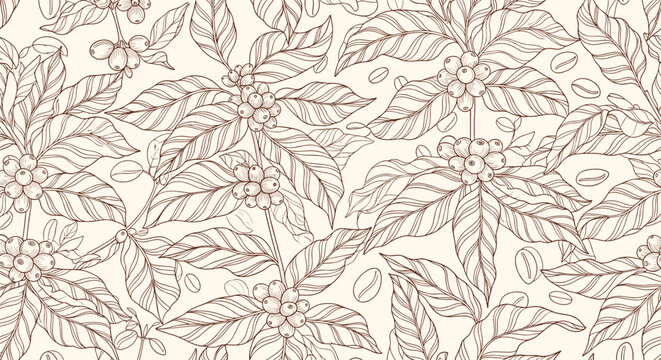A vintage-style seamless pattern of hand-drawn coffee tree branches with leaves and berries for cafe or packaging design.