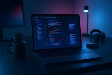 A laptop displaying lines of code on its screen in a dimly lit, neon-infused workspace