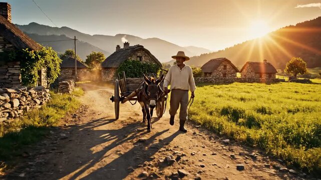A Tranquil Morning in the Countryside: A Farmer Walking with a Donkey Cart Down a Sunlit Pathway Surrounded by Charming Stone Cottages and Rolling Mountains