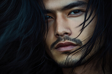 Portrait of attractive Asian man with beard and long black hair