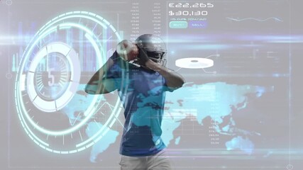 Animation of african american male rugby player over data processing