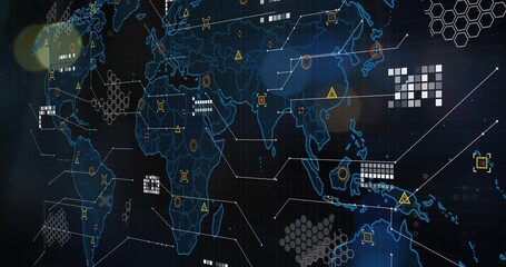Animation of computer and scientific data processing on black background - Powered by Adobe