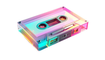 Transparent cassette tape with vibrant rainbow lighting against black
