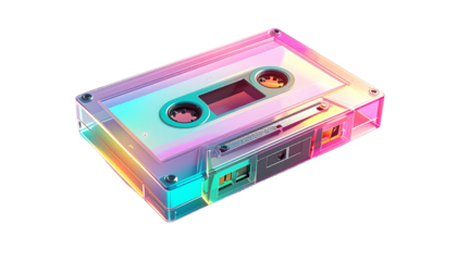 Transparent cassette tape with vibrant rainbow lighting against black