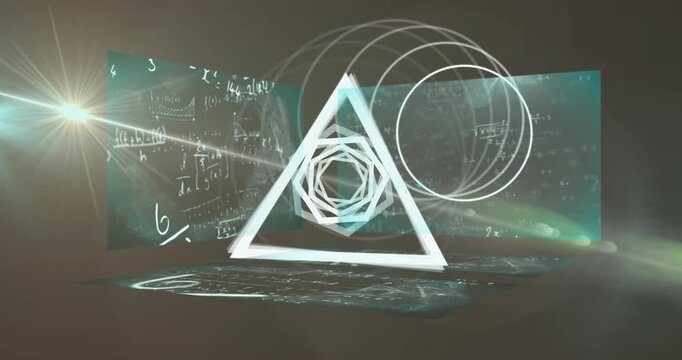 Animation of abstract geometrical shape spinning over screens with mathematical equations