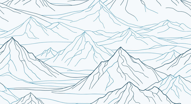 Seamless pattern of a mountain range landscape in a blue and white line art style creating a calming and adventurous background.