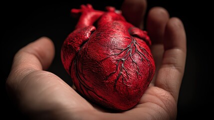 A hand holds a realistic red heart model with visible veins indoors during low light, showcasing the details of the heart anatomy and structure