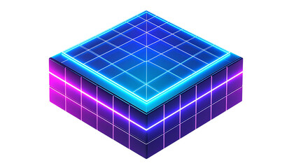 Isometric neon cube with grid top and gradients, on black