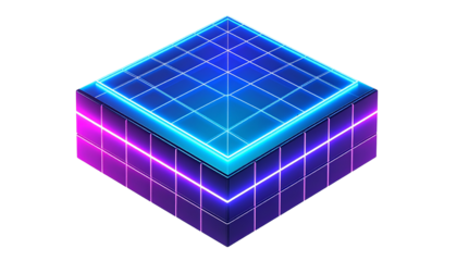 Isometric neon cube with grid top and gradients, on black
