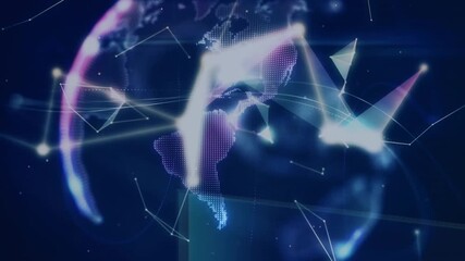 Animation of plexus network forming a globe spinning over cupped hands against blue background - Powered by Adobe