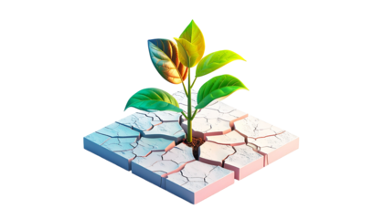 Vibrant plant sprouts from cracked earth, symbolizing resilience