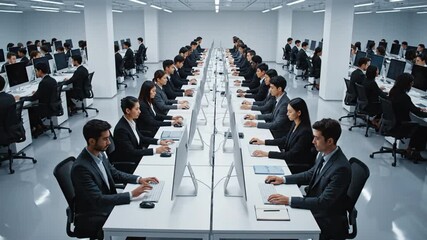 Symmetrical vast office with rows of uniform desks and suited modern staff focused on laptops today