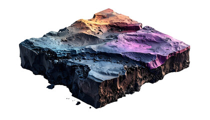 Isometric, cross-section landscape with diverse terrain and colorful hues