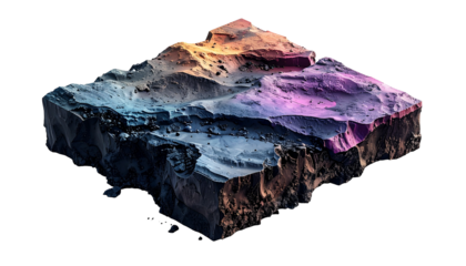 Isometric, cross-section landscape with diverse terrain and colorful hues