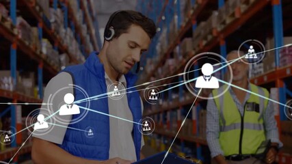 Animation of network of connections over caucasian male workers in warehouse - Powered by Adobe
