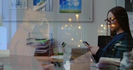 Animation of global network processing data over business people in office - Powered by Adobe