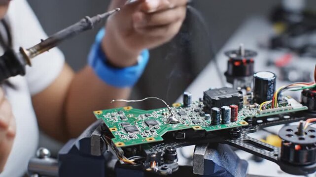 Close-up of a technician soldering a mini circuit board, wearing safety goggles and tweezers nearby