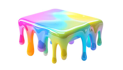 Cube of colorful, glossy liquid dripping from the top edges