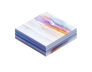 Isometric view of a layered block with vibrant marble-like textures