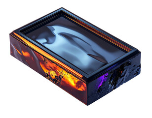 Abstract isometric block with fiery side and metallic water-like center